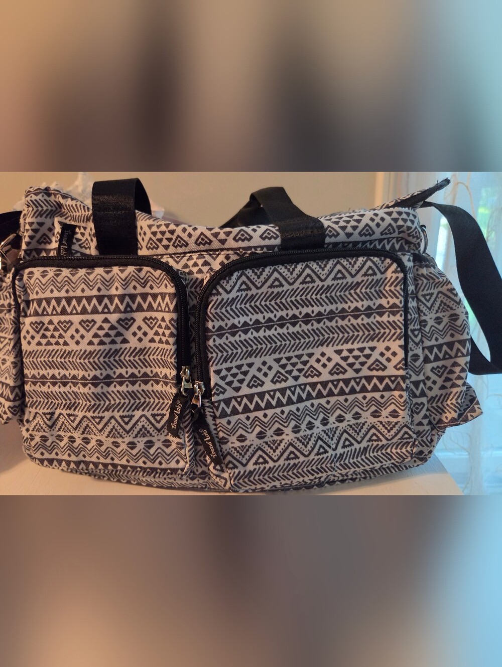 Trend Lab Aztec Deluxe Duffle Diaper Bag - Black & White Geometric, Blue Inside
